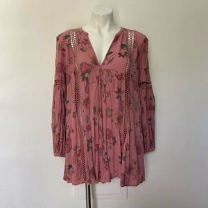 Free People Long Balloon Sleeve Floral Mini Swing Dress